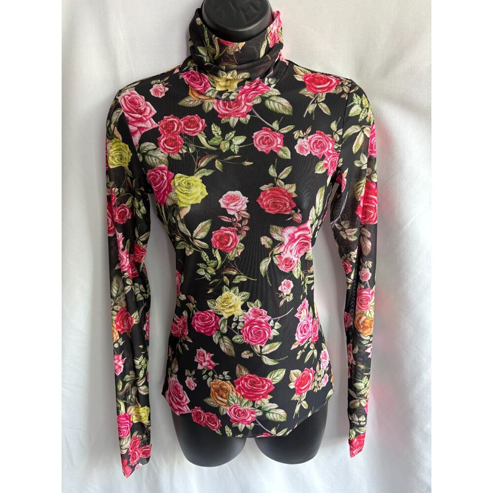 AFRM Zadie Floral Mesh Sheer Long Sleeve Turtleneck Top Size S Roses Y2K Witchy
